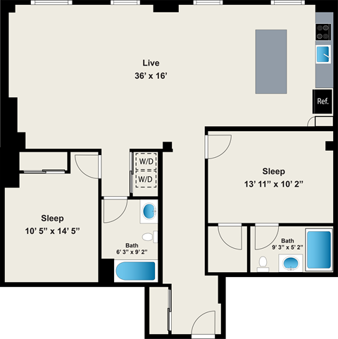 Floor plan for 2 beds, 2 baths, 1168 sqft